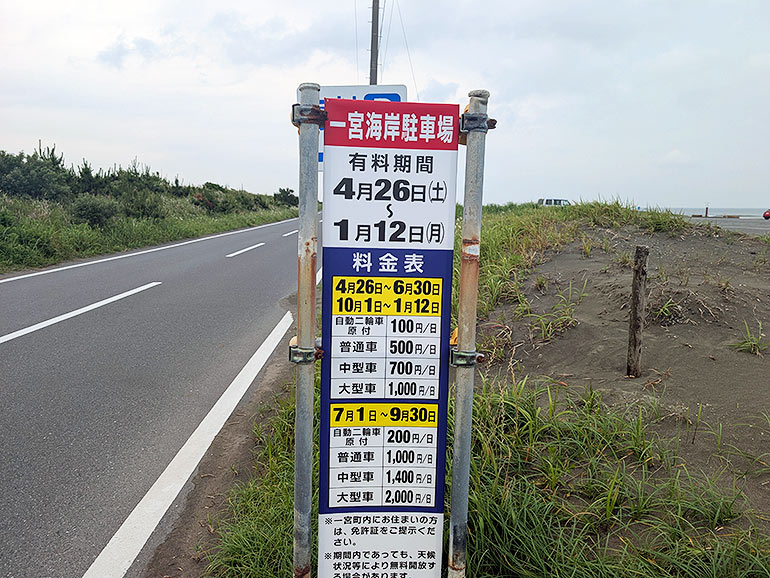 一宮海岸駐車場の料金案内看板