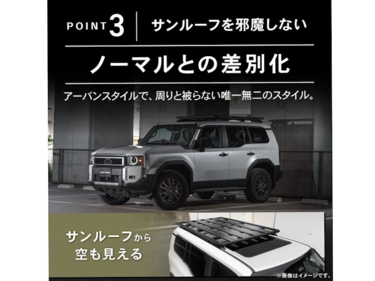 ルーフラックを搭載しサンルーフから空が見えるオフロードカスタム車