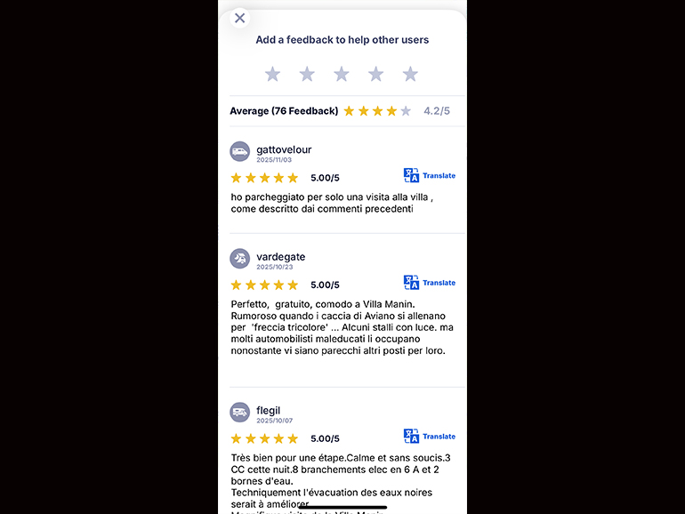 Park4nightアプリの車中泊場所レビュー画面