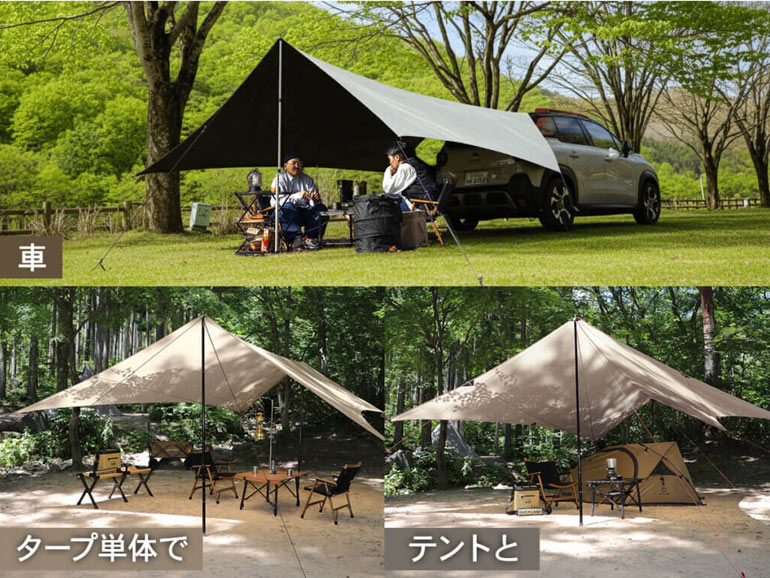 QUICKCAMP「カーサイドタープ（QC-CTR500）」の使用例の画像（タープ単体での使用と車と連結した使用）